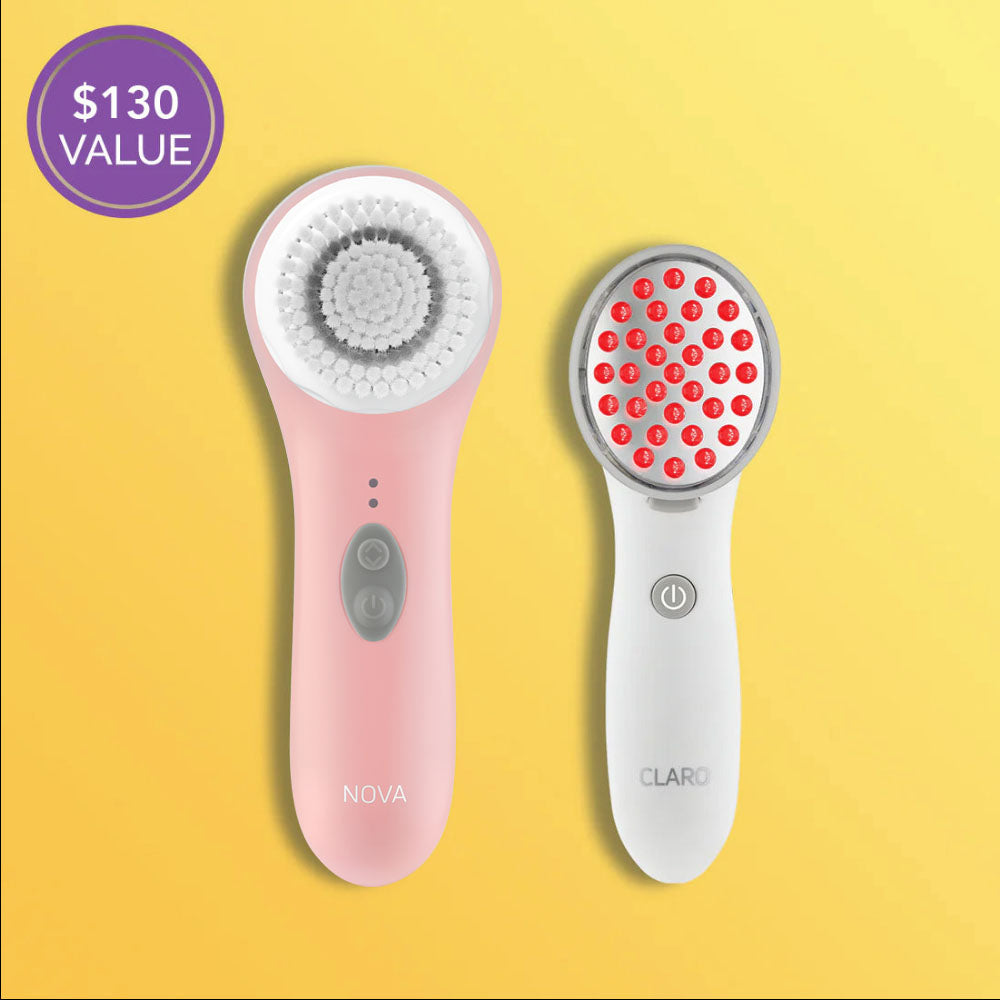 Two skincare devices, one pink NOVA and one white CLARO