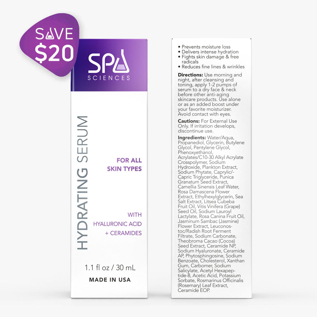 Box of Spa Sciences Mature Skin Starter Pack, 1.1 fl oz hydrating serum with hyaluronic acid and ceramides for all skin types. Shows usage instructions, benefits, and ingredients. "Save $20" sticker on box.