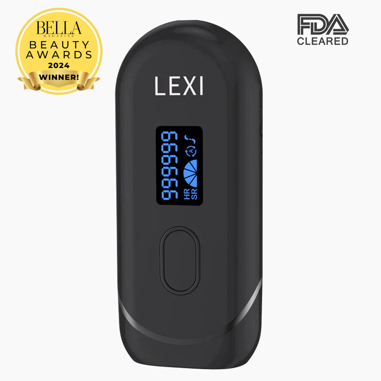 An electronic, handheld Spa Sciences LEXI device for hair removal, displaying numbers related to its flash capacity on its screen, with badges indicating it won the Bella Beauty Awards 2024 and is FDA cleared.