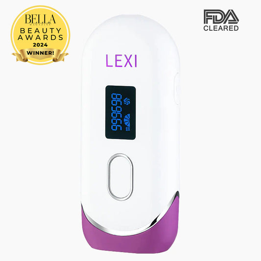 A white and purple "Spa Sciences LEXI" branded digital hair removal device with a display screen, labeled as an FDA-cleared winner of the Bella Beauty Awards 2024.