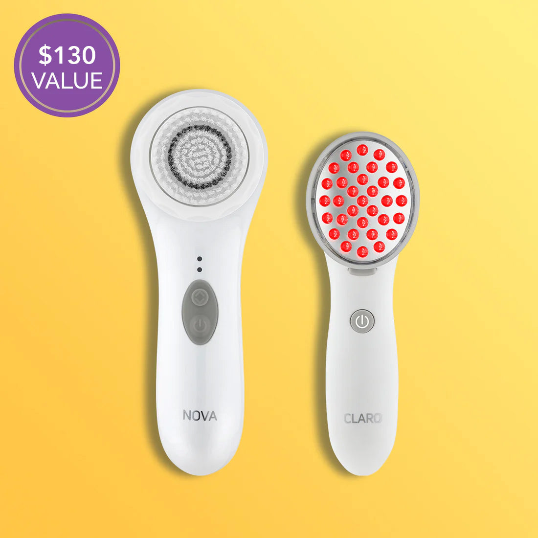 The Spa Sciences Acne Bundle, featuring two white handheld devices labeled "NOVA" and "CLARO," is displayed side by side on a yellow background with a "$130 VALUE" badge and provides LED Light Therapy for radiant, clearer skin.