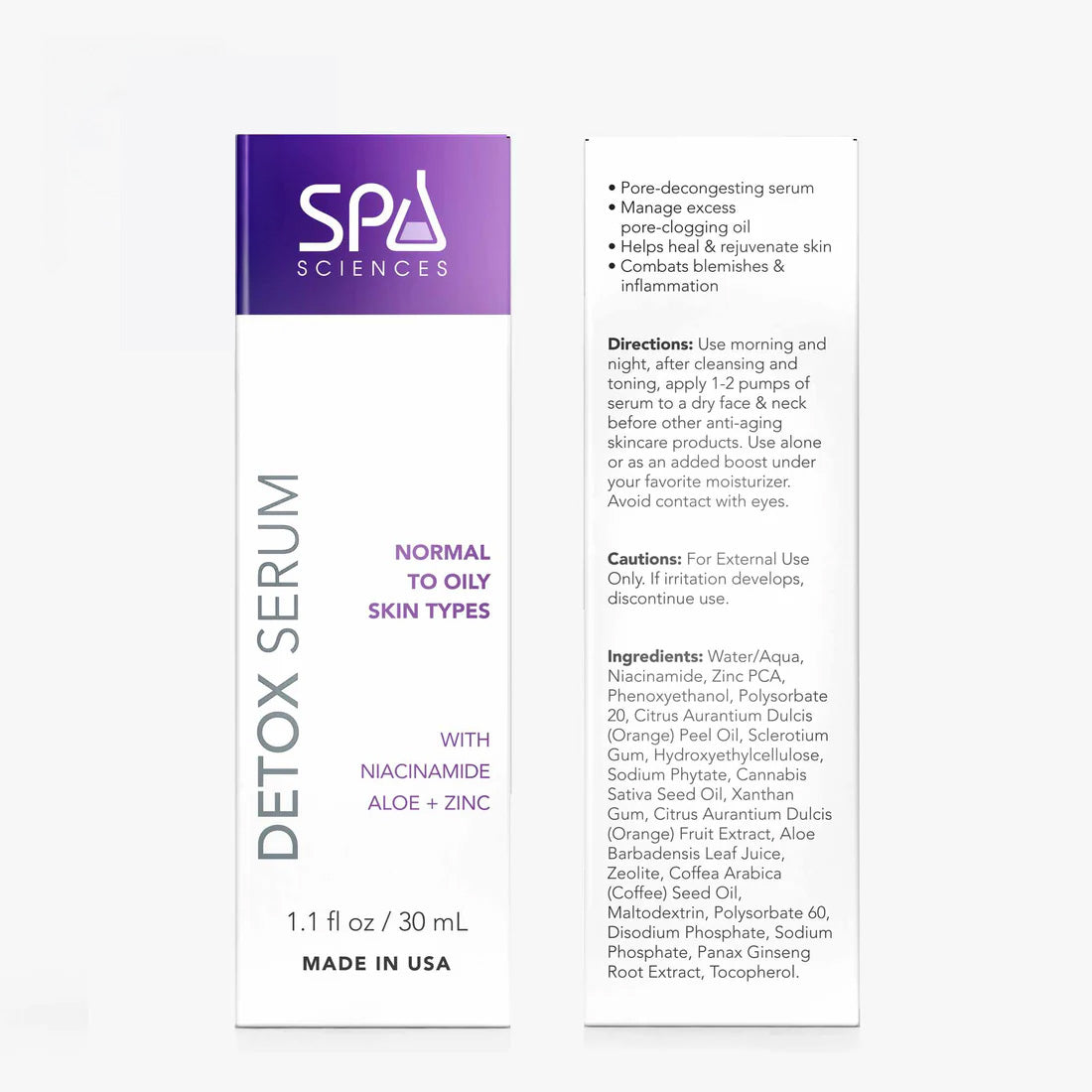 A white and purple box labeled "Spa Sciences Pore Perfection Bundle" highlights benefits for normal to oily skin, featuring niacinamide, aloe, and zinc—but the text provided does not contain any actual product description content.