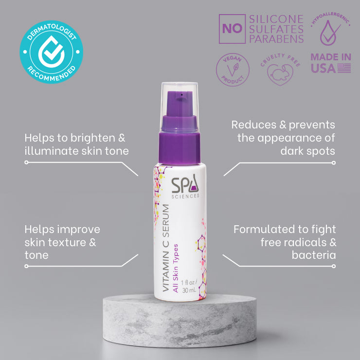 A Vitamin C Serum bottle with a description of the Spa Sciences skincare product.