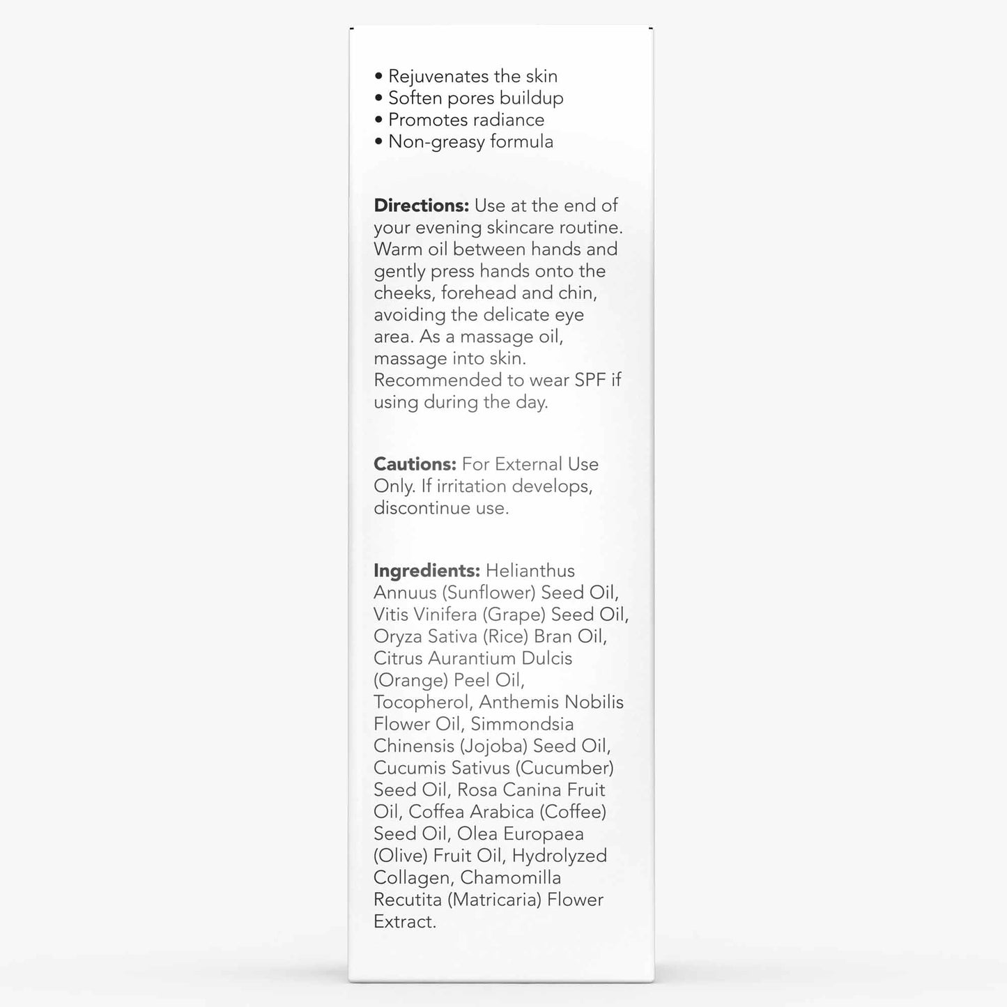 A white bottle with a white label containing Spa Sciences Glow Facial Oil.