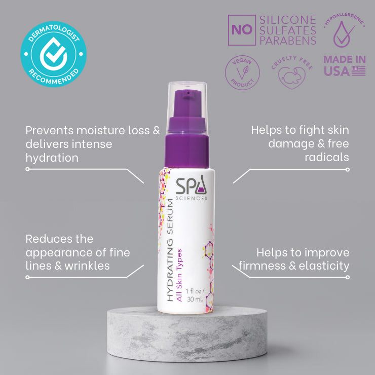 A bottle of Spa Sciences' Hydrating Serum that boosts collagen production for ultimate hydration.