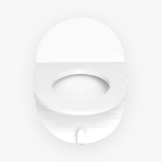 A white toilet seat on a white background featuring a waterproof Spa Sciences NOVA Shower Caddy for added hygiene.
