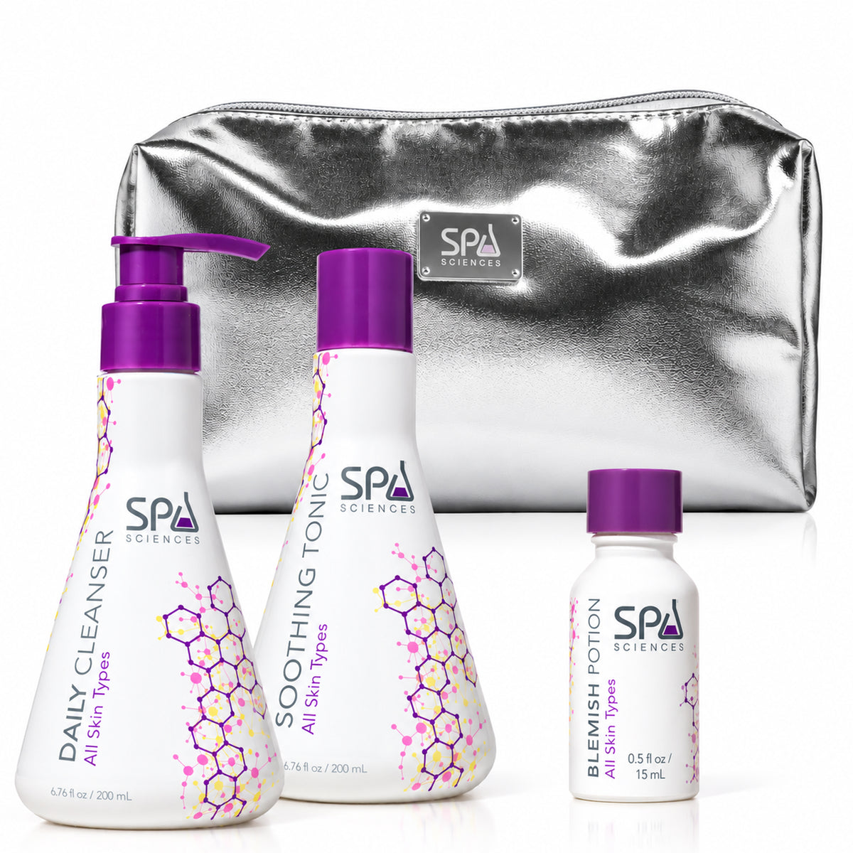 Spa Sciences Blemish Rescue Kit featuring three white bottles labeled Daily Cleanser, Soothing Tonic, and Blemish Potion in front of a silver metallic zippered pouch.