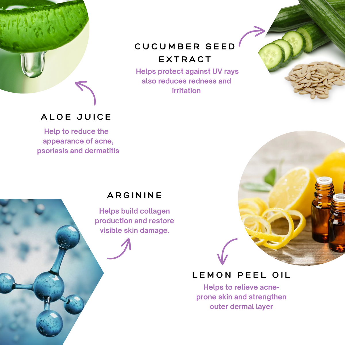 An infographic for the Spa Sciences Blemish Rescue Kit showing four ingredients and their benefits: aloe juice for acne and irritation, cucumber seed extract for UV protection, arginine for collagen, and lemon peel oil for acne.