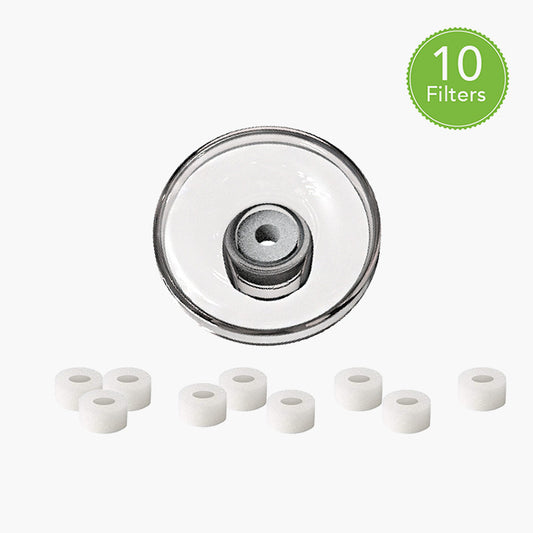 A set of 10 CIRRA Aromatherapy Basket Kit glass filters with a white circle in the middle by Spa Sciences.