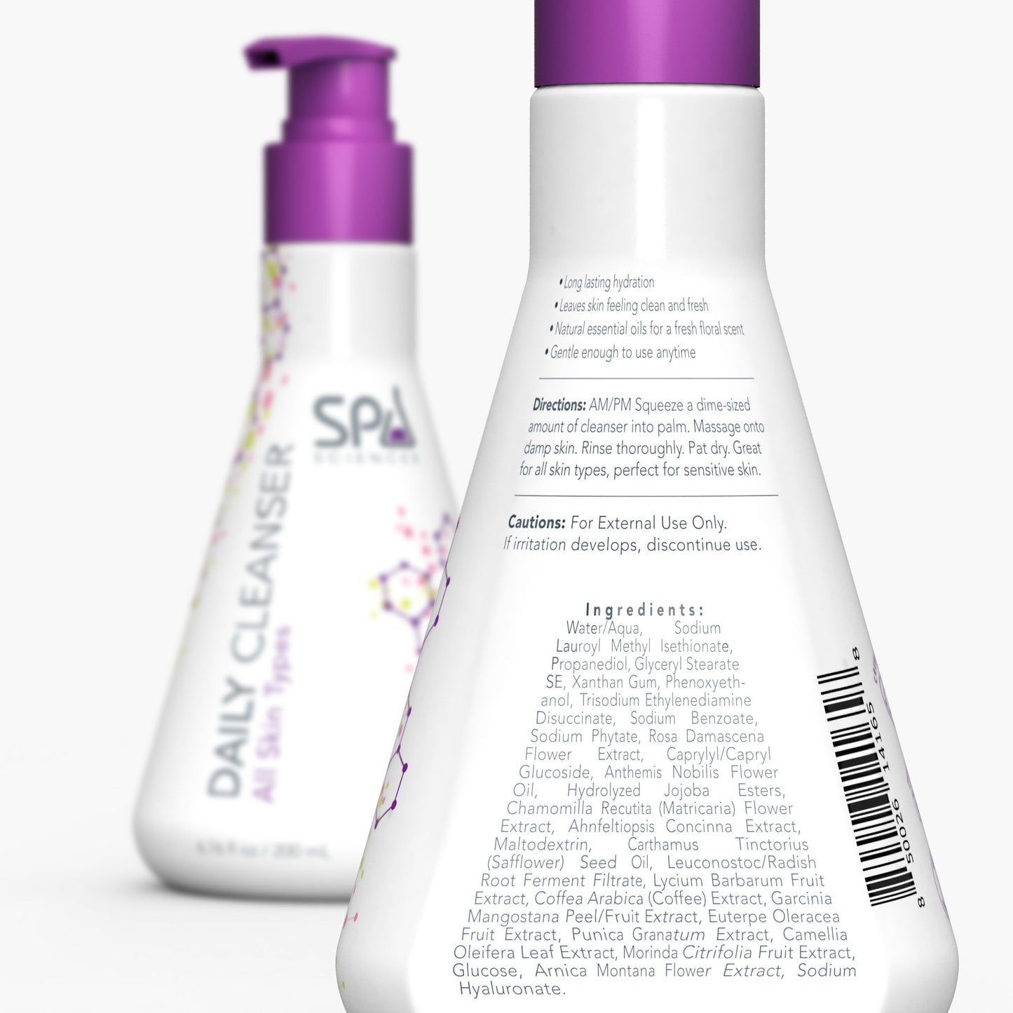 A bottle of Super Cleanser with a purple Spa Sciences bottle on it.