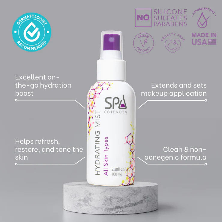 A bottle of Spa Sciences Face Cleanse sits on a stone pedestal, with its benefits and certifications featured around it against a gray background.