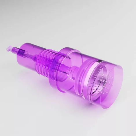 A purple transparent 3d rendering of a Spa Sciences SORA rechargeable needle pen.