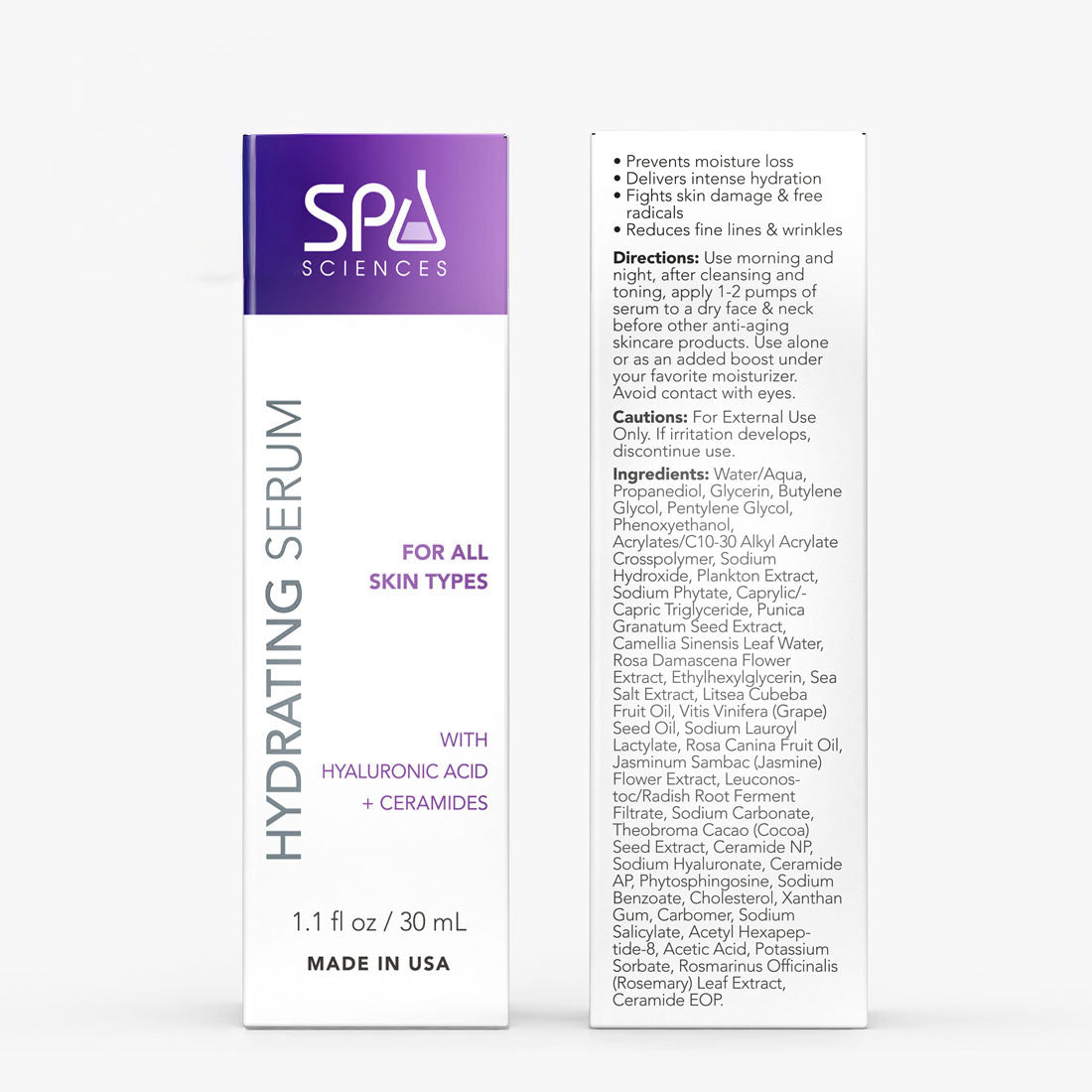 A box of Spa Sciences Super Cleanser for all skin types, featuring hyaluronic acid and ceramides. Directions, benefits, ingredients, and cautions are printed on the packaging.