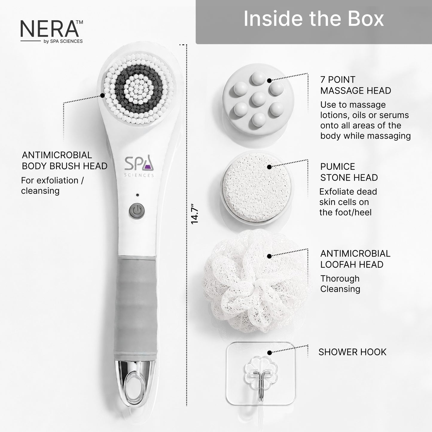 The Spa Sciences NERA DELUXE electric-powered body brush set features labeled attachments, including an antimicrobial shower brush, pumice stone, massage head, loofah, and a shower hook—all neatly displayed on a white background.