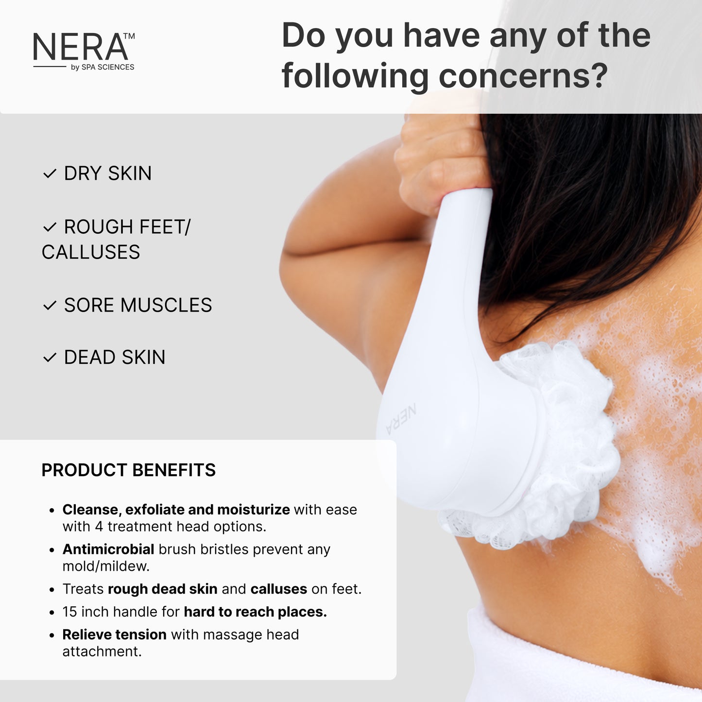 A person uses the Spa Sciences NERA DELUXE, a white powered body brush creating foam on their back; text highlights its benefits for dry skin, rough feet, calluses, sore muscles, and dead skin removal, with detailed product information displayed on the left.