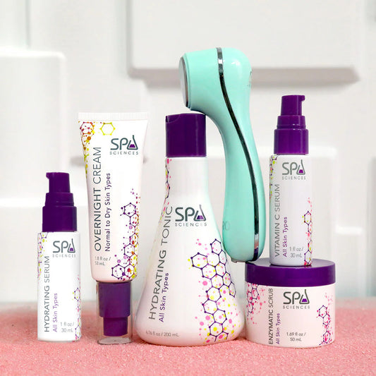 Spa Sciences mature skin starter pack on a pink background.