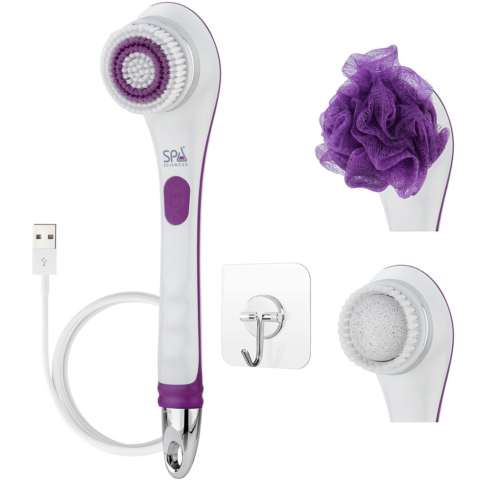 A Super Cleanser shower head with a purple towel and a usb charger.