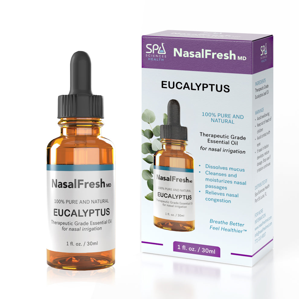 Bottle and box of Spa Sciences Therapeutic Grade Eucalyptus Essential Oil for nasal irrigation, 1 fl. oz. This powerful mucus solvent claims to dissolve mucus, cleanse, and effectively relieve nasal congestion.