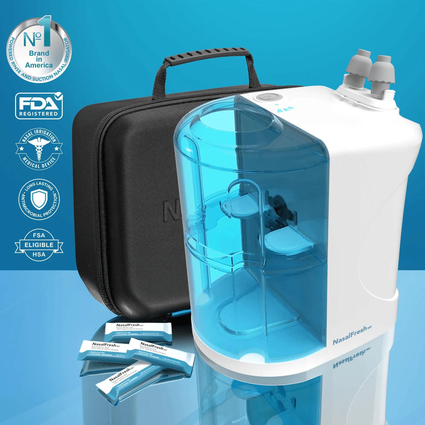 The Spa Sciences NasalFresh MD Premium Bundle features an electric nasal irrigator with a blue water tank, carrying case, salt packets, and certification badges—all displayed on a blue background.