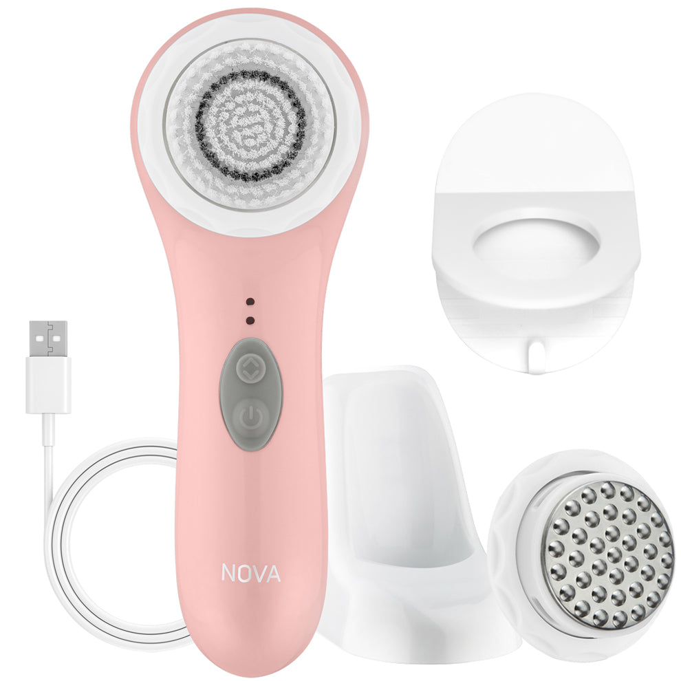 A pink Spa Sciences Super Cleanser facial brush set with detachable heads, charging base, and USB cable.