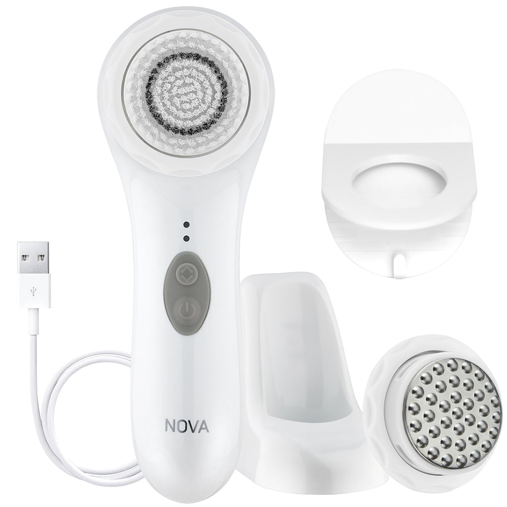 Spa Sciences Super Cleanser facial massager with a usb charger and other accessories.