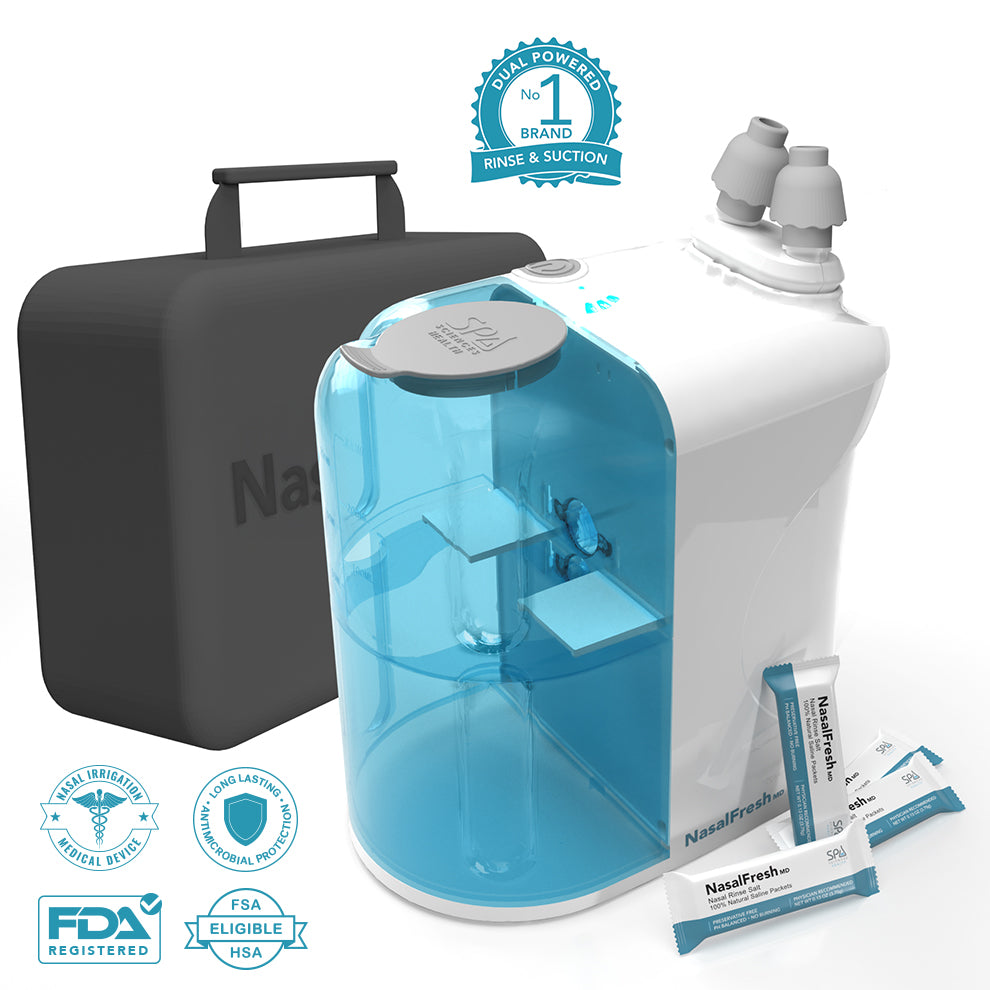 The NasalFresh MD Premium Bundle by Spa Sciences features a nasal irrigation device with two nozzles and a blue water chamber, displayed alongside a black carrying case and packets. Labels highlight its FDA registration and dual-powered capabilities.