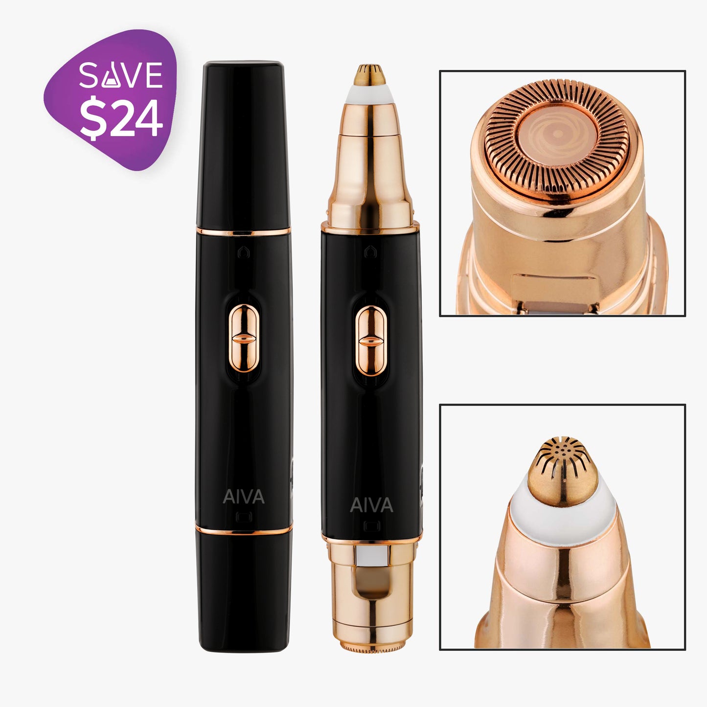 The On the Go Set by Spa Sciences, an electric grooming device with interchangeable heads in black and gold, is displayed from multiple angles. A sale tag highlights a $24 discount.