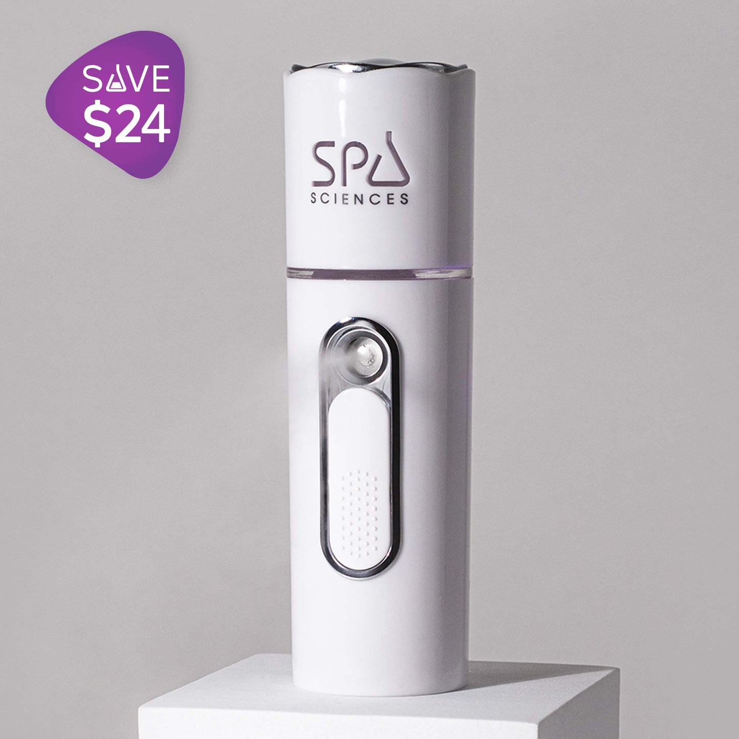 An On the Go Set by Spa Sciences on a pedestal, featuring a promotional label in the corner stating "Save $24.