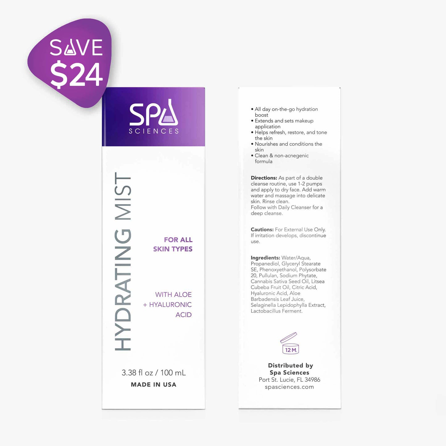 Packaging of the Spa Sciences On the Go Set Hydrating Mist, featuring aloe and hyaluronic acid. Suitable for all skin types and includes a box and bottle, highlighting a $24 saving offer. Made in USA.