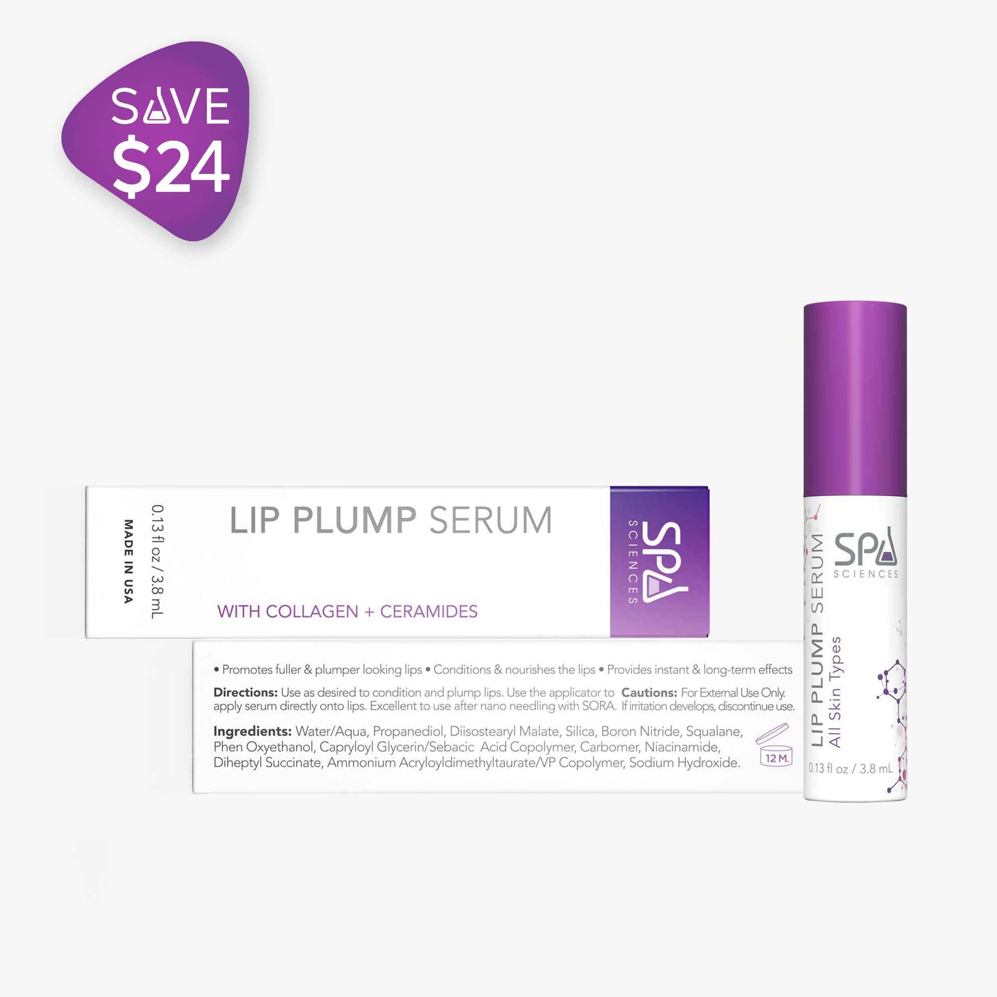 On display is the On the Go Set by Spa Sciences, featuring a bottle with a purple cap. The packaging highlights a $24 savings and showcases collagen and ceramides among the key ingredients, with detailed benefits listed.