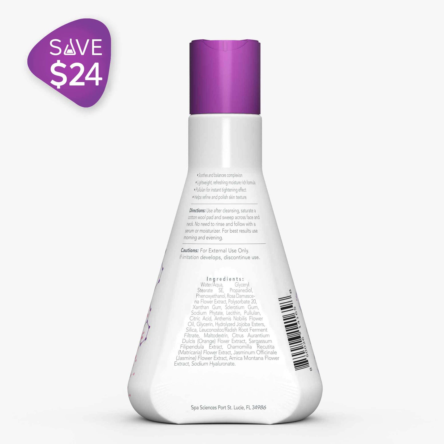 A bottle from the On the Go Set by Spa Sciences, with a white body and a purple cap, showcases its ingredients and usage instructions, highlighted by a "Save $24" label at the top left corner.