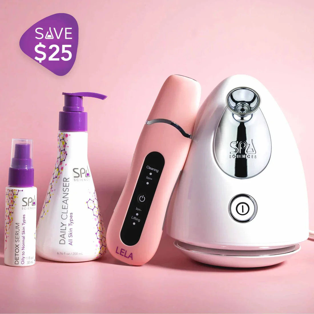 Spa Cosmetics skincare products including bottles and a device on a pink background with a 'Save $25' label.