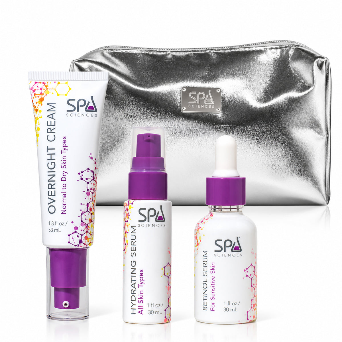 Spa Sciences Retinol Renewal Kit (Dry Skin) featuring a cream in a squeeze tube and two serums with pumps and droppers arranged in front of a metallic silver cosmetic bag.
