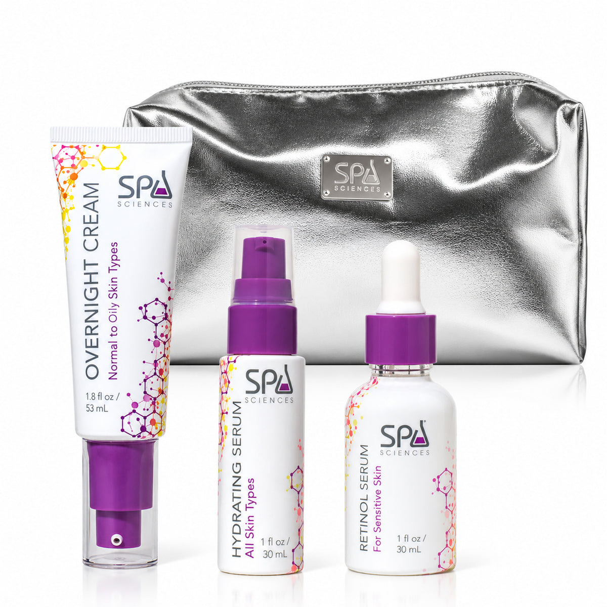 Retinol Renewal Kit (Oily Skin) bottles of overnight cream, hydrating serum, and retinol serum arranged in front of a silver metallic zippered pouch.
