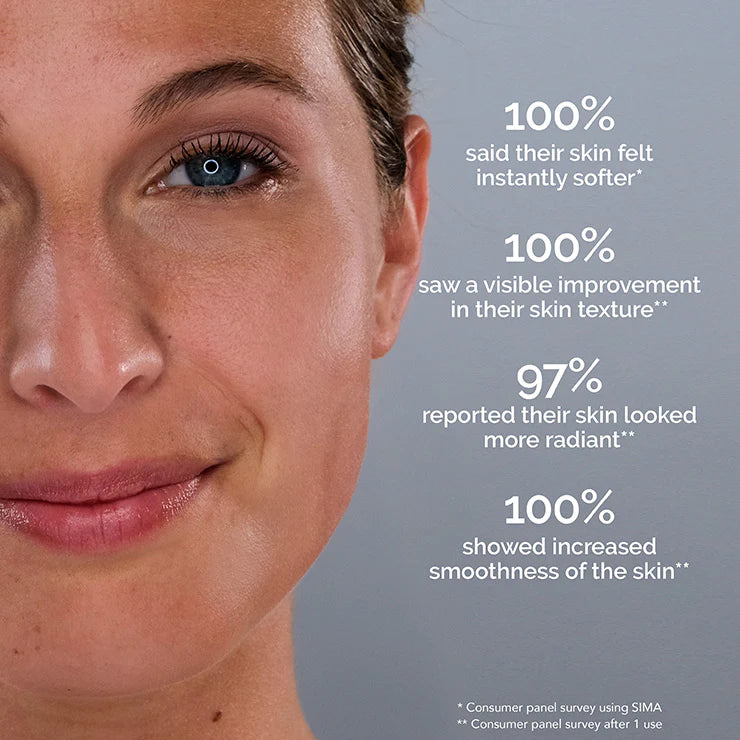 A woman's face showing the benefits of Spa Sciences' SIMA Deluxe Dermaplaning Kit.