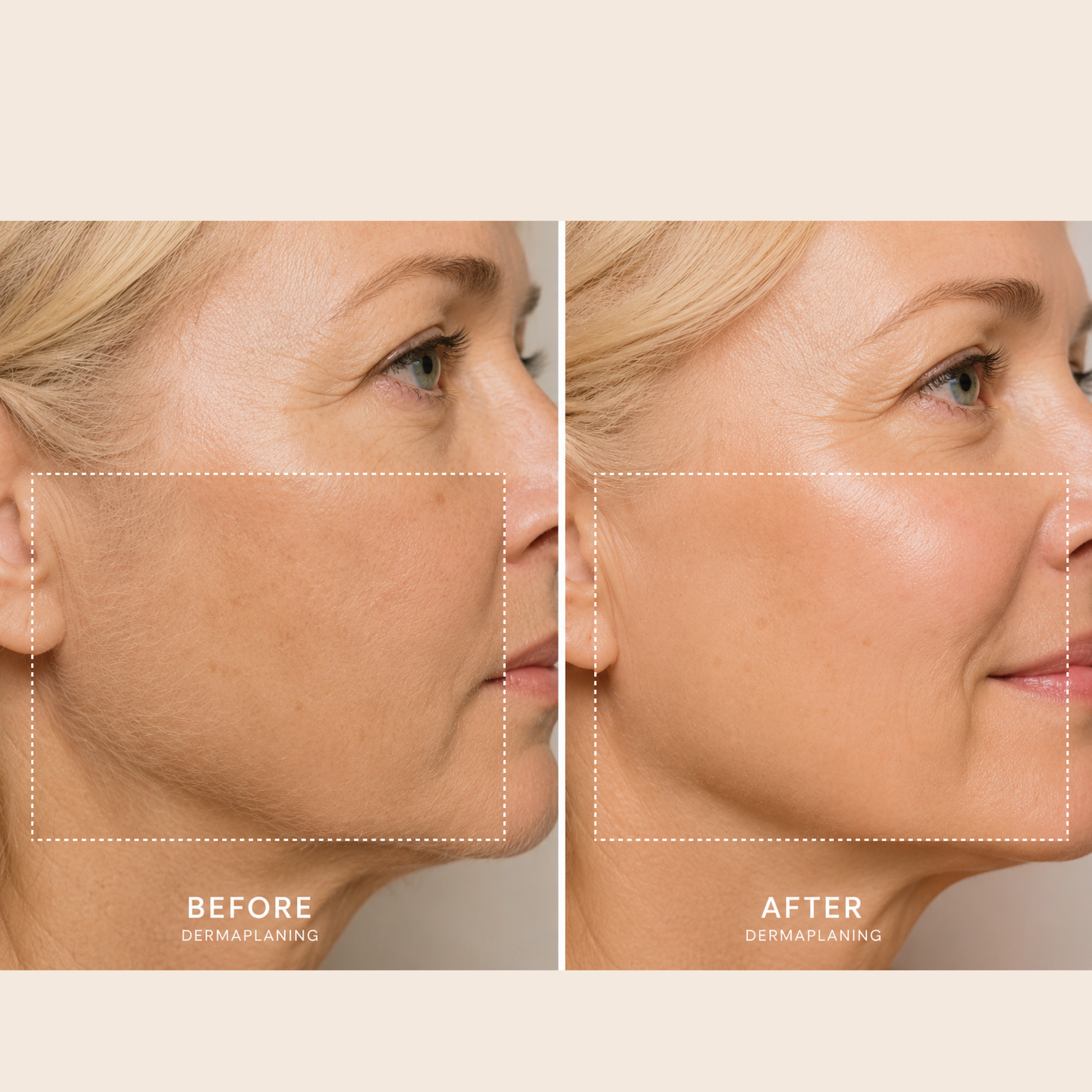 Side-by-side photos of a woman’s face show skin texture before and after using the Spa Sciences SIMA Deluxe Kit for dermaplaning; in the “after” image, her complexion appears noticeably smoother and more radiant.