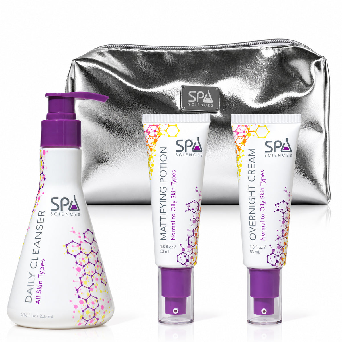 A Spa Sciences Shine Control System pump bottle of daily cleanser, two tubes of facial cream, and a silver metallic cosmetic bag.