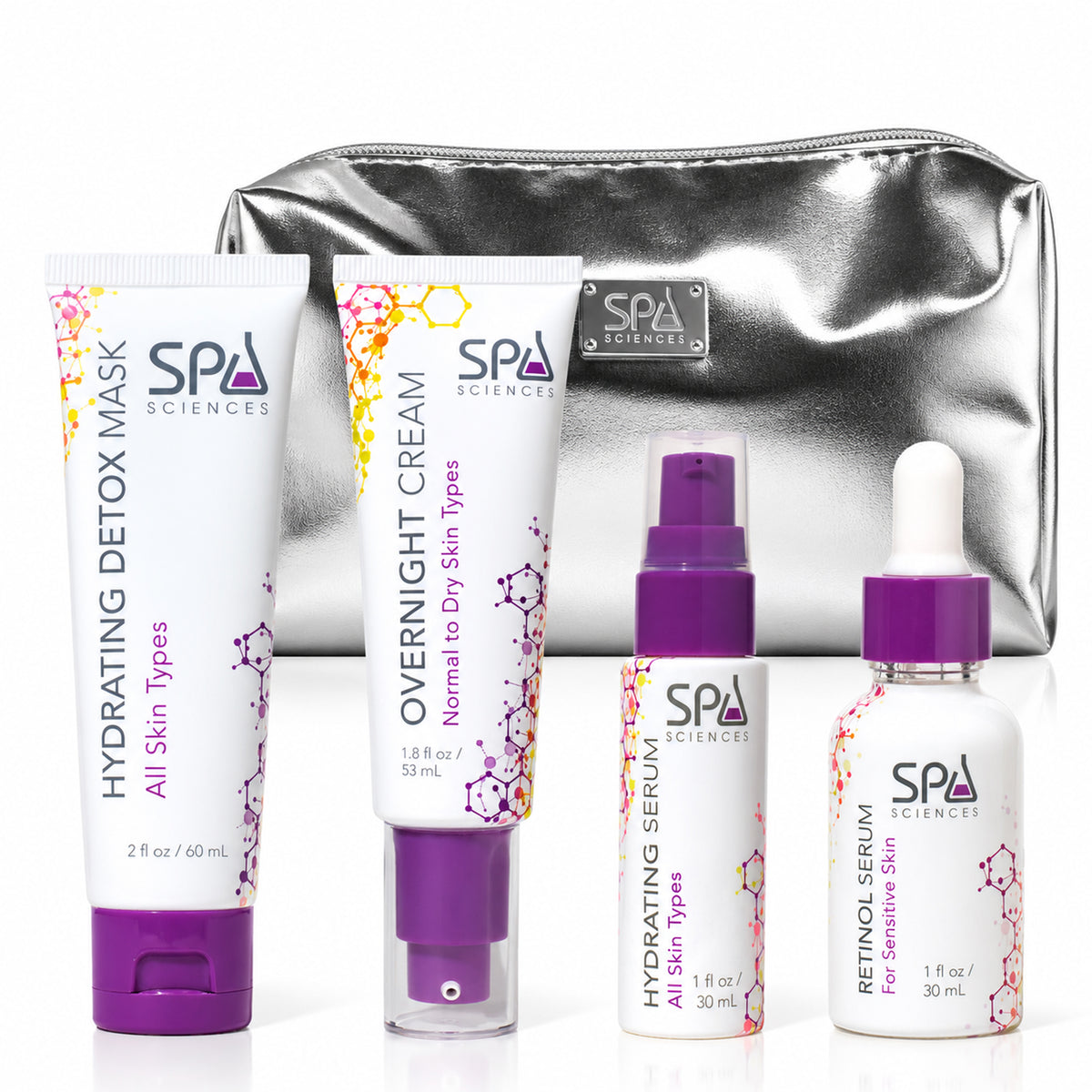 Spa Sciences Skin Cycling Kit (Dry Skin) featuring two tubes, two bottles, and a metallic silver cosmetic bag labeled Hydrating Detox Mask, Overnight Cream, Hydrating Serum, and Retinol Serum.