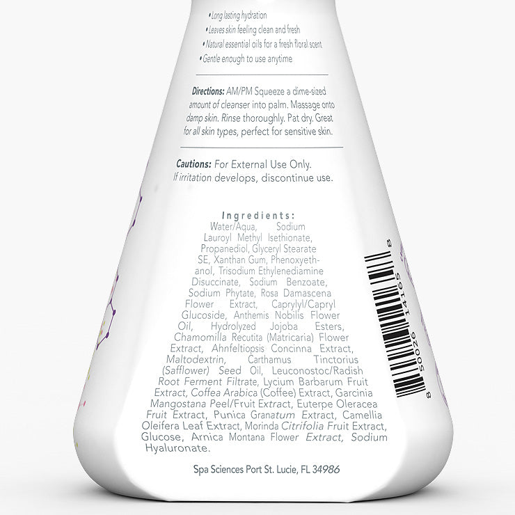 This Acne Attack Bundle description features the back of a Spa Sciences bottle with a label on it.