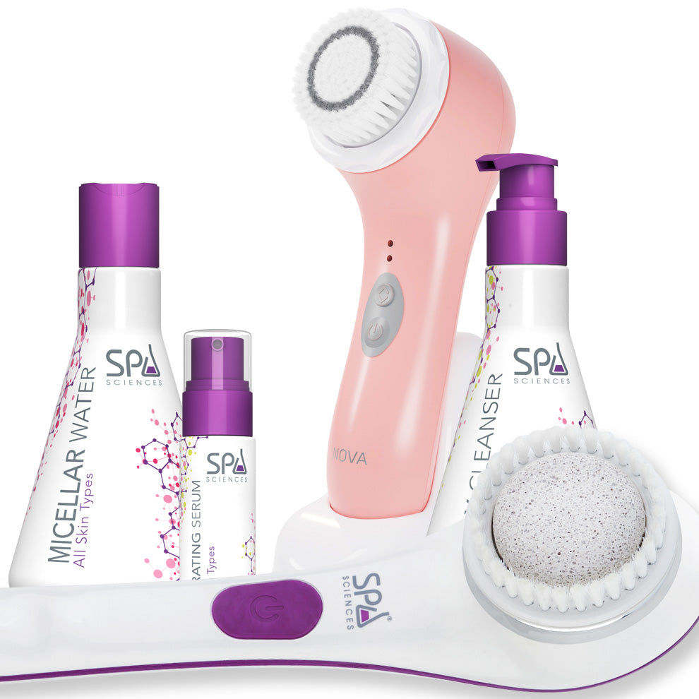 Set of skincare products including a pink NOVA, bottles, and a NERA body brush on a white background.
