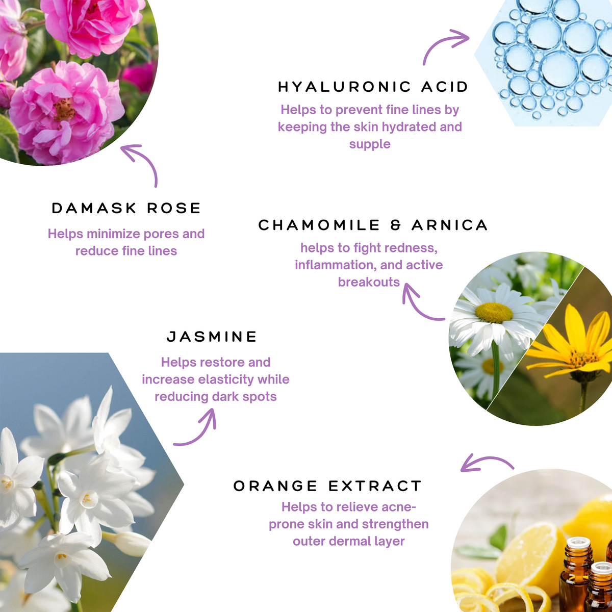 Infographic for the Ultimate Self-Care Set showing skincare ingredients: Damask rose, hyaluronic acid, chamomile, arnica, jasmine, and orange extract, each with text describing their benefits.