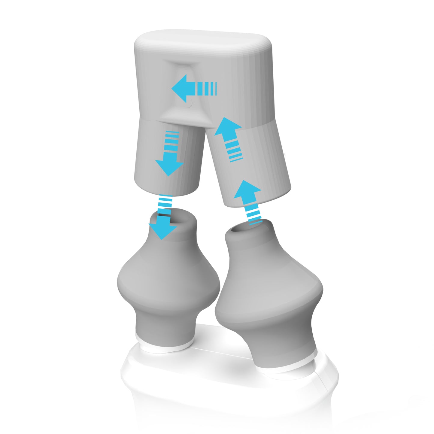 Illustration of the Auto Clean Tube, a two-part device by Spa Sciences, with blue arrows indicating airflow direction from the upper section to the lower components, incorporating an Auto Clean mechanism.