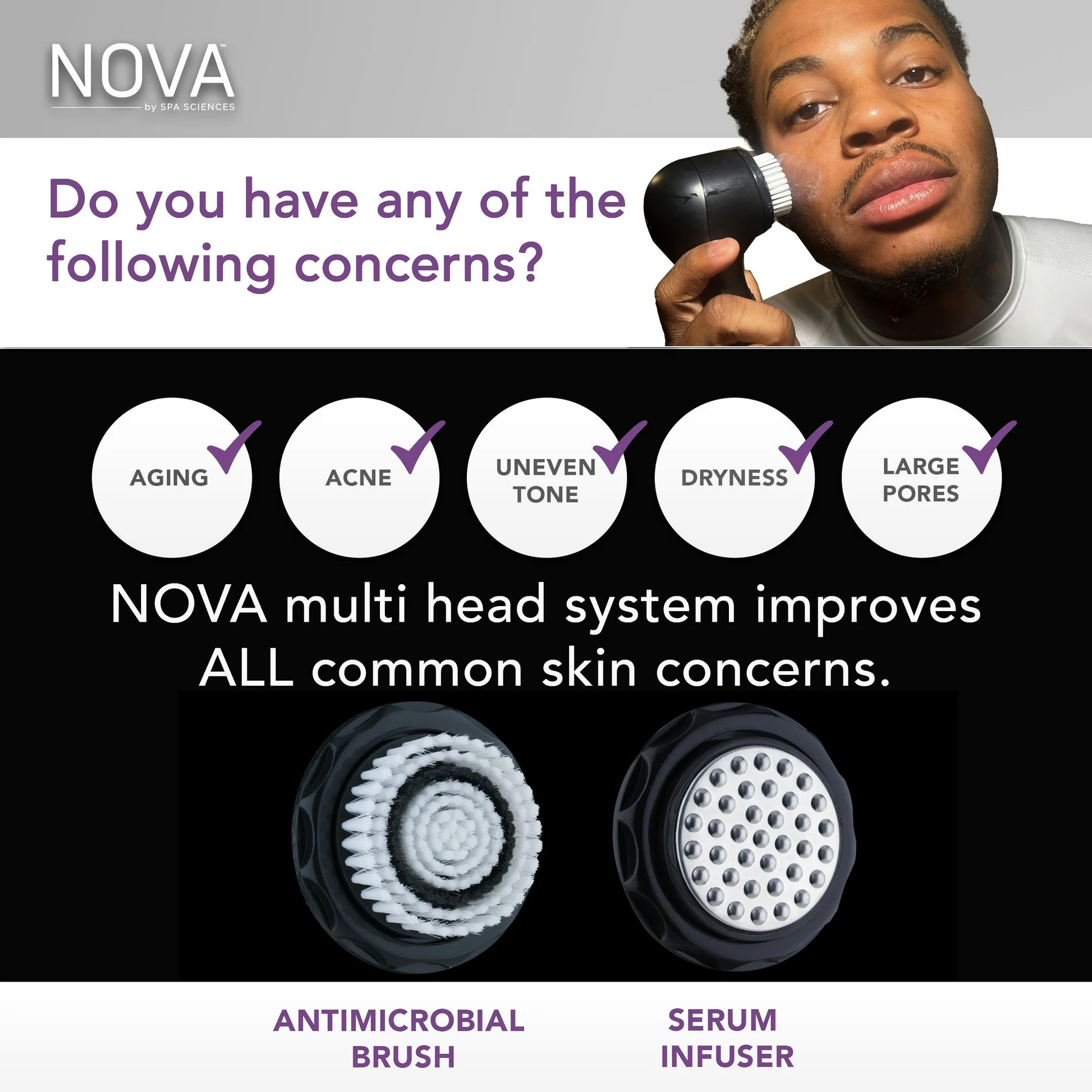 A man uses the NOVA SE 4MEN by Spa Sciences, featuring an advanced sonic cleansing system. It addresses aging, acne, uneven tone, dryness, and large pores with antimicrobial bristles and a serum infuser for improved skincare results.