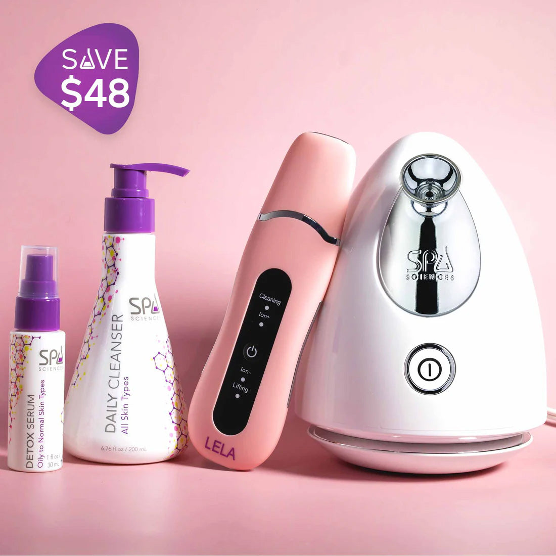 The Spa Sciences Pore Perfection Bundle includes a detox serum, daily cleanser, pink LELA device, and white facial steamer—everything you need for glowing skin. Save $48 on this complete skincare set!.