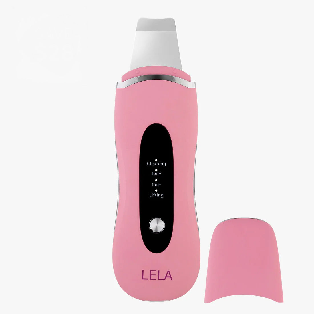The Spa Sciences Pore Perfection Bundle is a pink handheld skincare device with a metal spatula tip, removable cap, and display for cleaning, ions+, ions-, and lifting modes—ideal for at-home facials and deep pore cleansing.