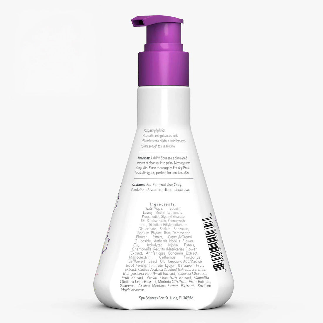 Spa Sciences Pore Perfection Bundle in a white plastic bottle with a purple pump; back label shows directions, cautions, and ingredients, but lacks a product description.