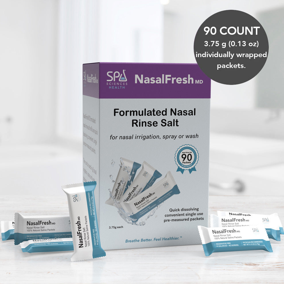 Spa Sciences' NasalFresh MD Formulated Nasal Rinse Salt comes in a box containing 90 packets, each with 3.75g of saline solution, designed for sinus relief and effective nasal irrigation. Each packet is individually wrapped.