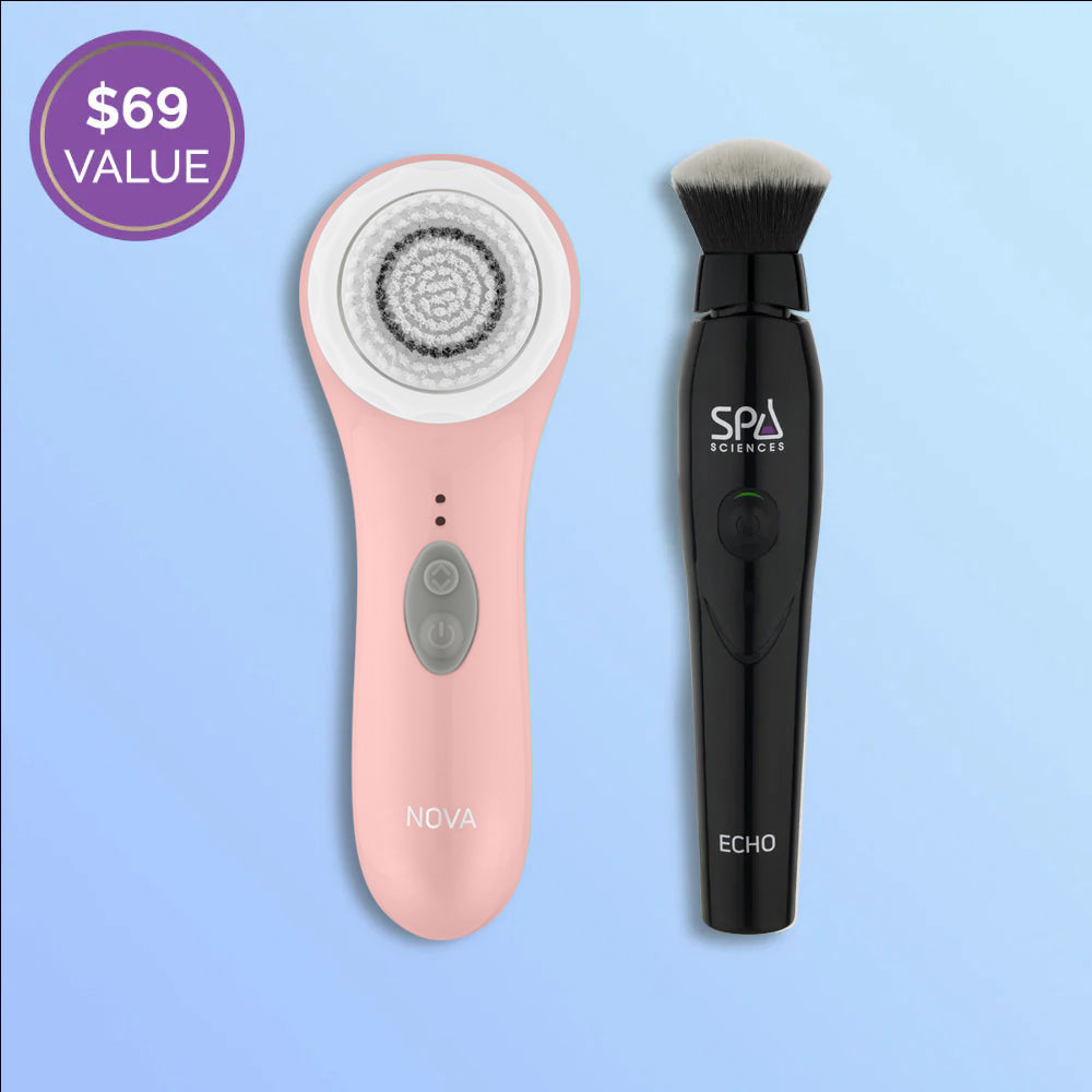 Two Spa Sciences Petite Beauty Bundles on a blue background.