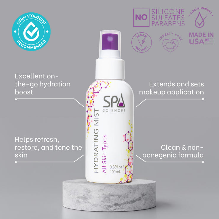 A bottle of Spa Sciences hydrating mist with antioxidants for skin radiance.