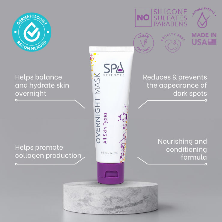  A tube of Spa Sciences Overnight Mask for hydration with ingredients on top.